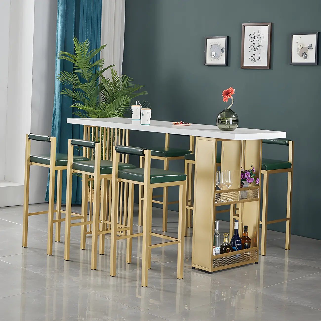 Tables de bar glamour dorées avec plateau en bois et étagère en métal