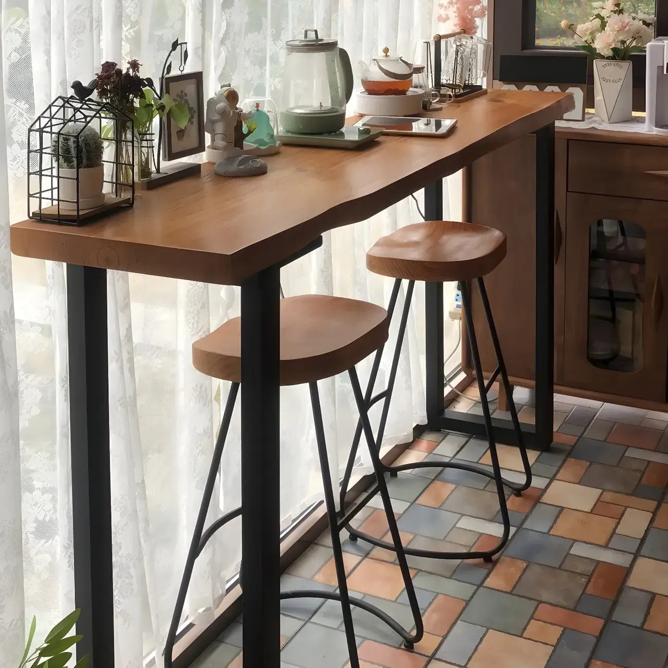 Table de bar moderne en bois brun et fer, style traîneau, pour pub