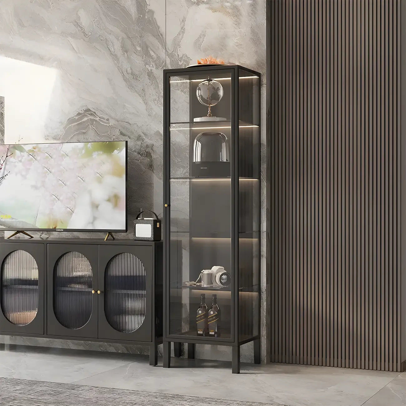 Élégante vitrine moderne en métal noir et verre.