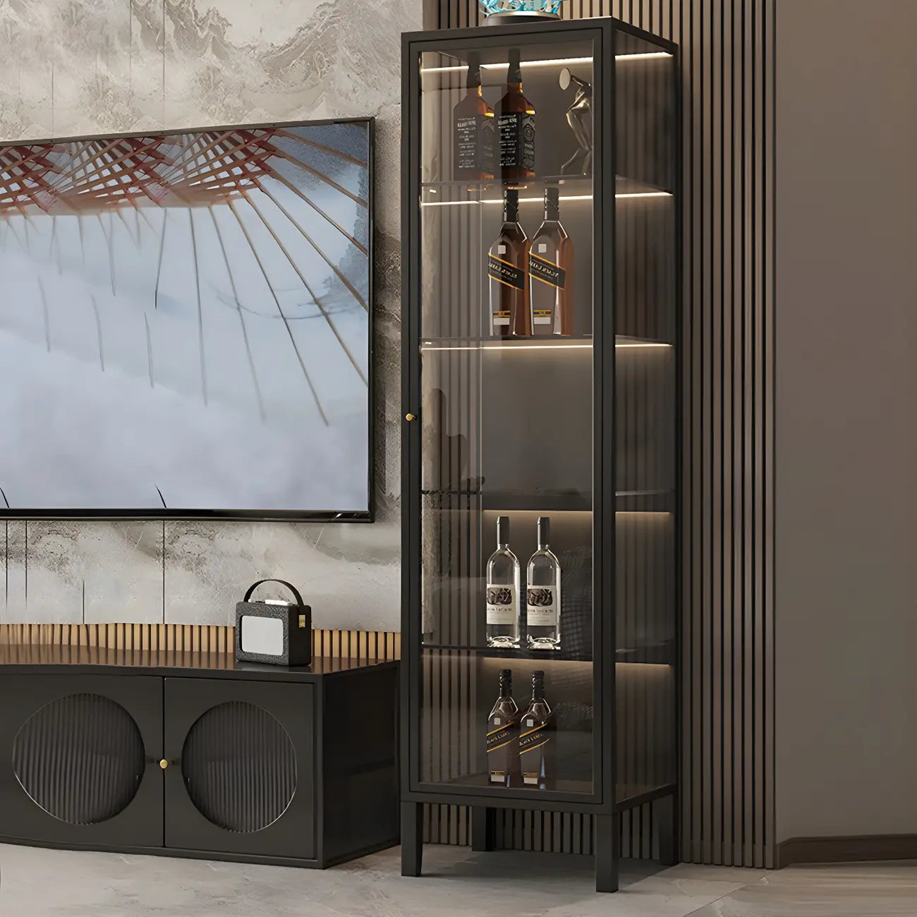 Élégante vitrine moderne en métal noir et verre.