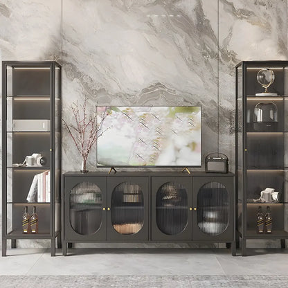 Élégante vitrine moderne en métal noir et verre.