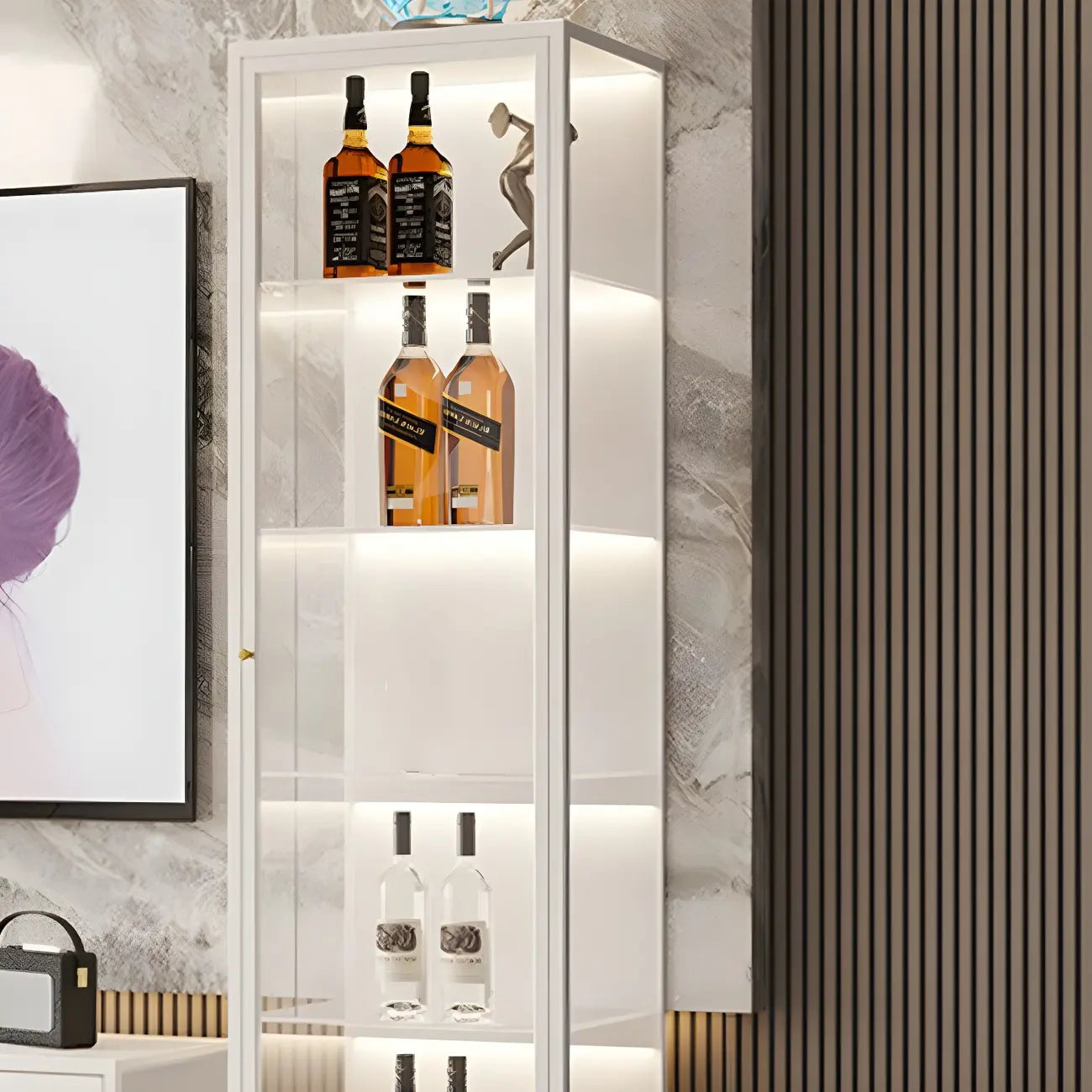 Élégante vitrine moderne en métal noir et verre.