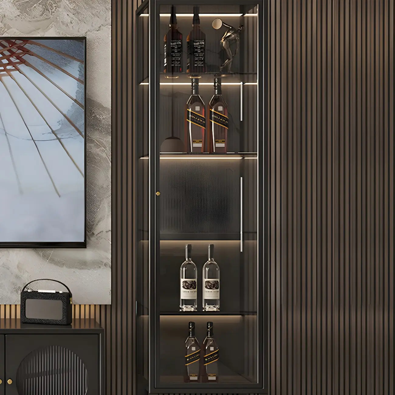 Élégante vitrine moderne en métal noir et verre.