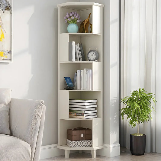 Bibliothèque d'angle simple à 5 niveaux en bois blanc/noyer