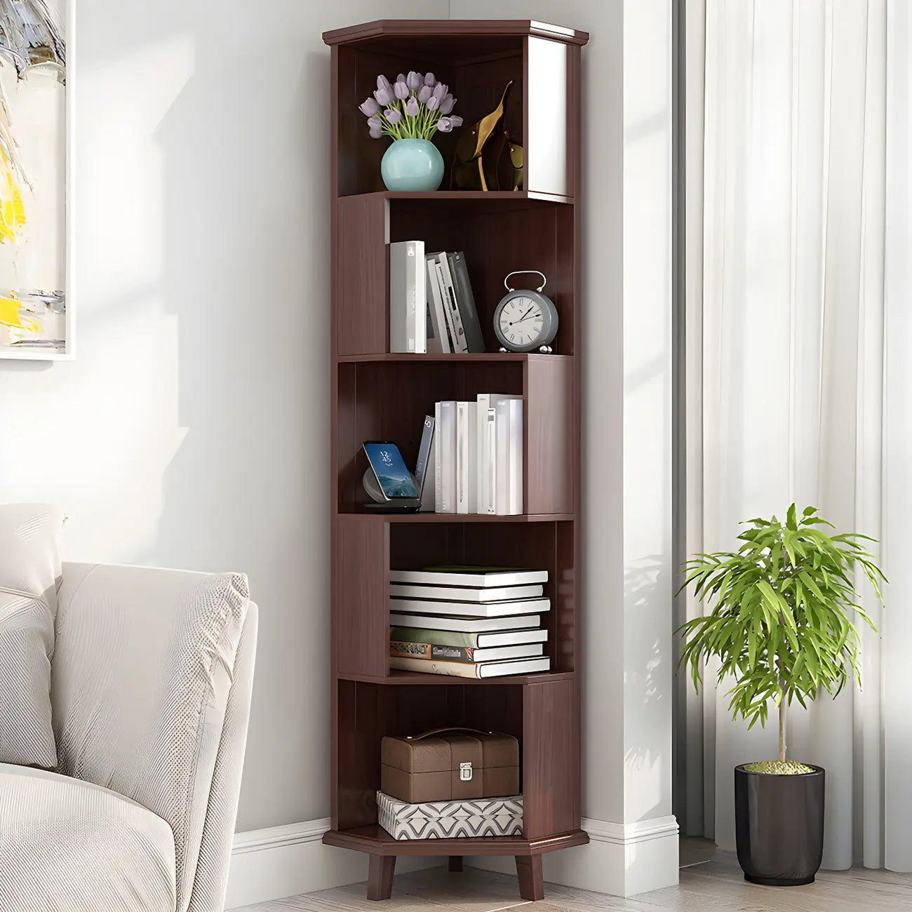 Bibliothèque d'angle simple à 5 niveaux en bois blanc/noyer