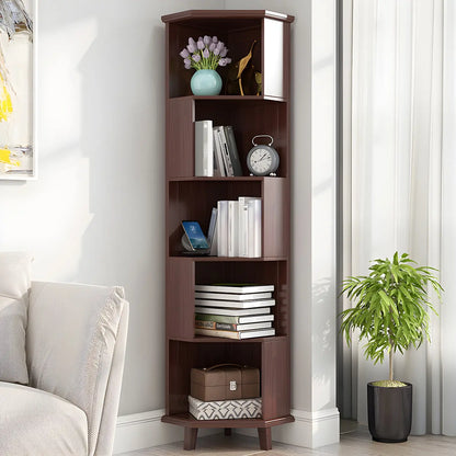 Bibliothèque d'angle simple à 5 niveaux en bois blanc/noyer