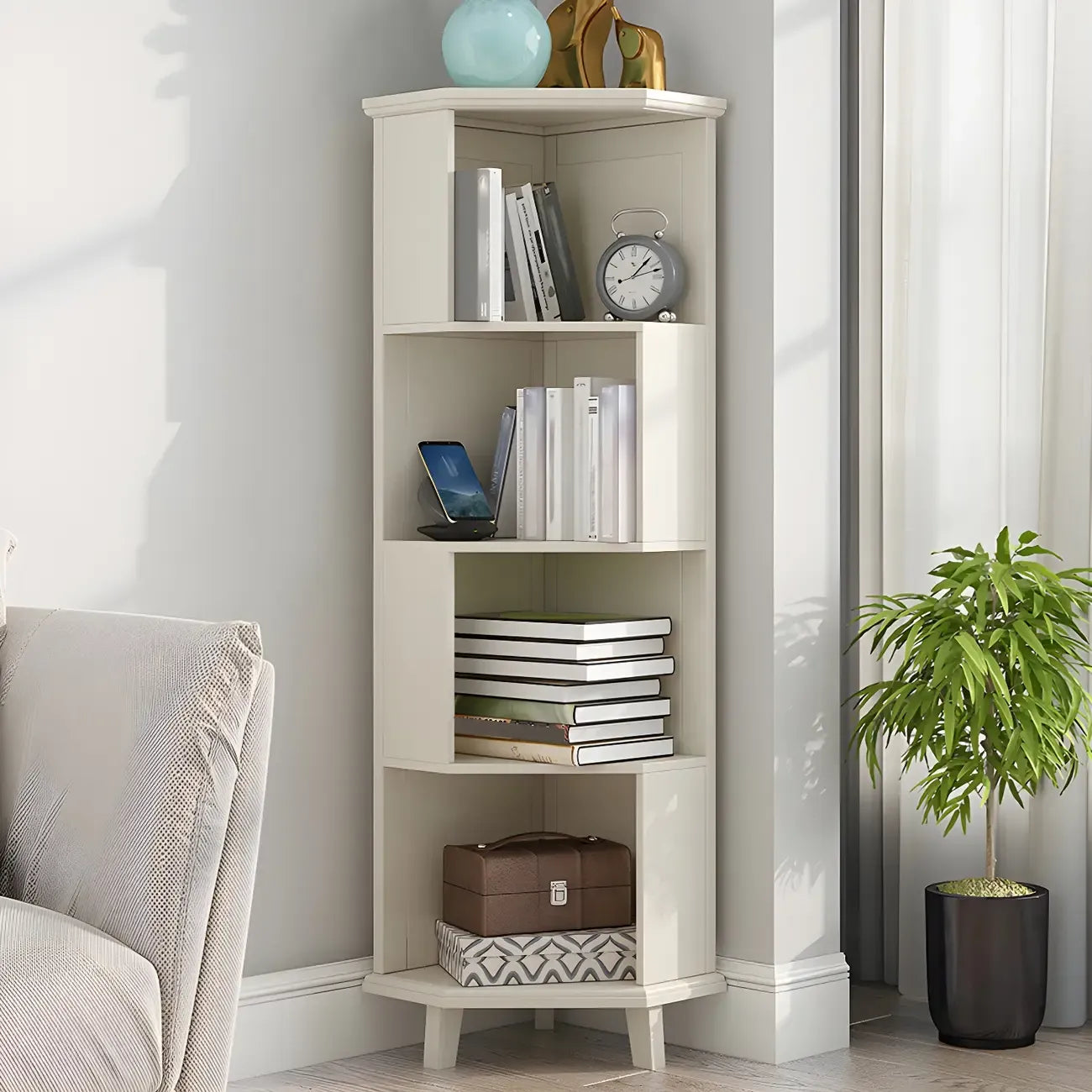 Bibliothèque d'angle simple à 5 niveaux en bois blanc/noyer