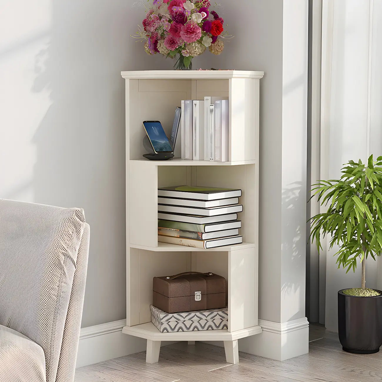 Bibliothèque d'angle simple à 5 niveaux en bois blanc/noyer