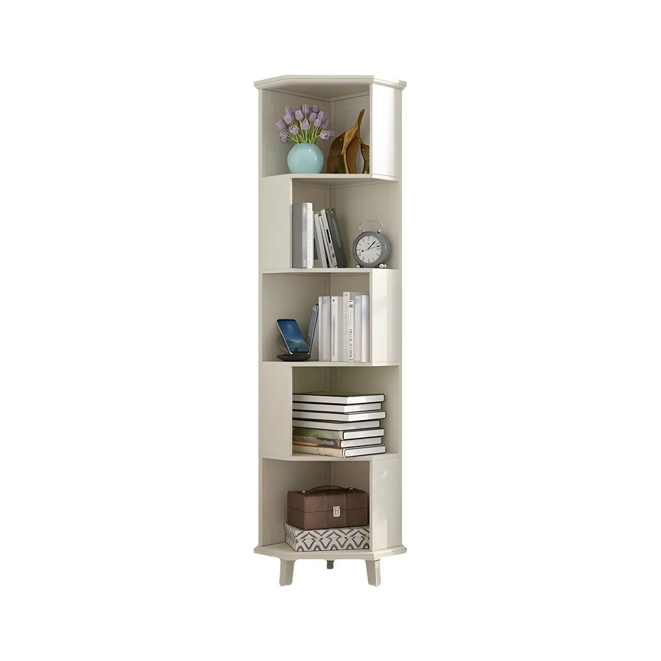 Bibliothèque d'angle simple à 5 niveaux en bois blanc/noyer