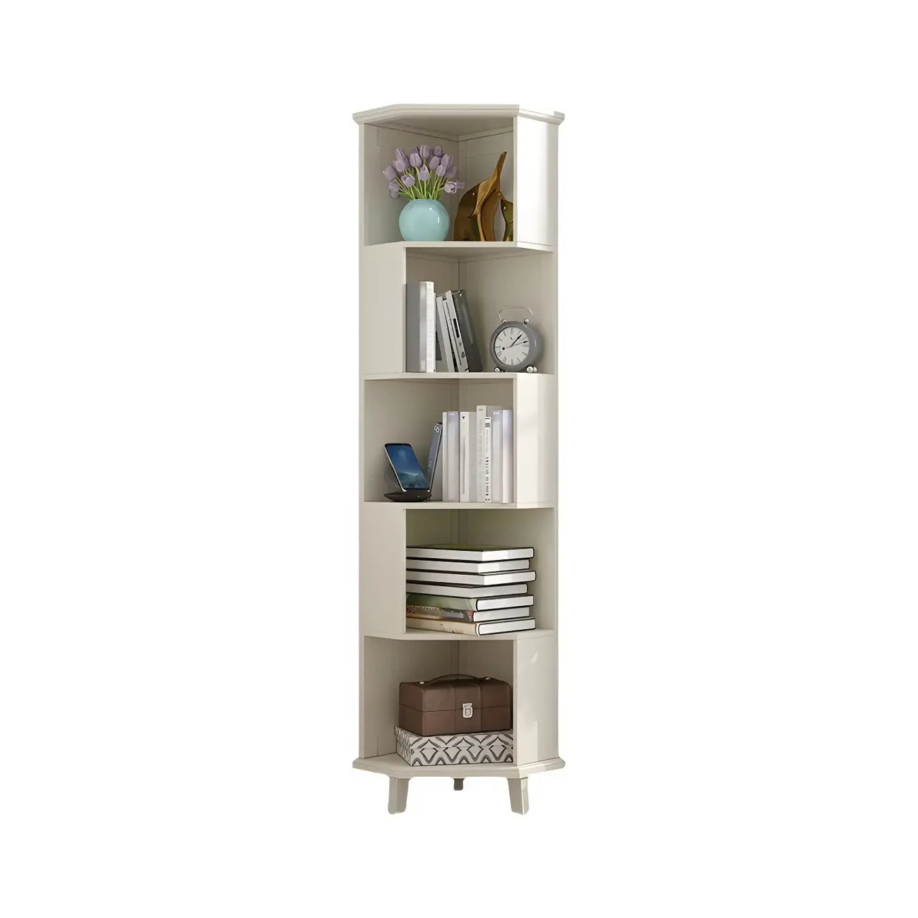 Bibliothèque d'angle simple à 5 niveaux en bois blanc/noyer