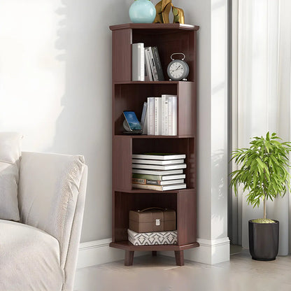Bibliothèque d'angle simple à 5 niveaux en bois blanc/noyer