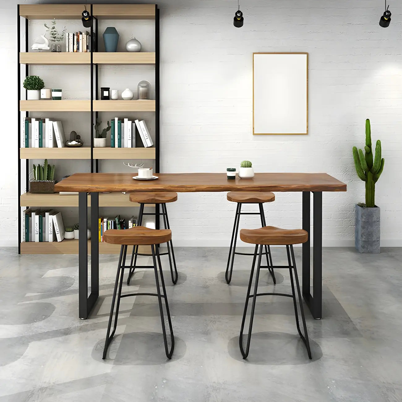 Table de bar rectangulaire en pin avec piètement en métal marron