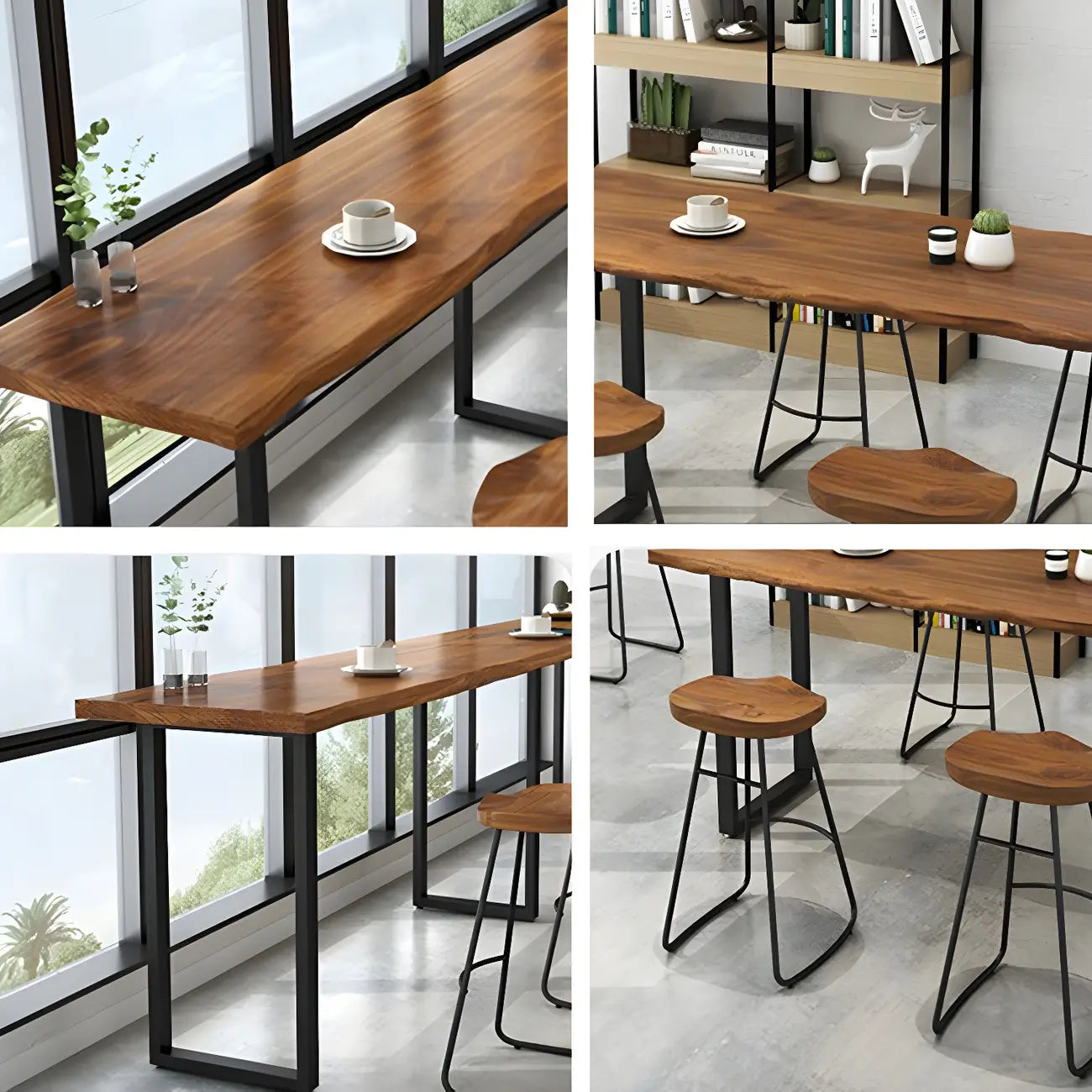 Table de bar rectangulaire en pin avec piètement en métal marron