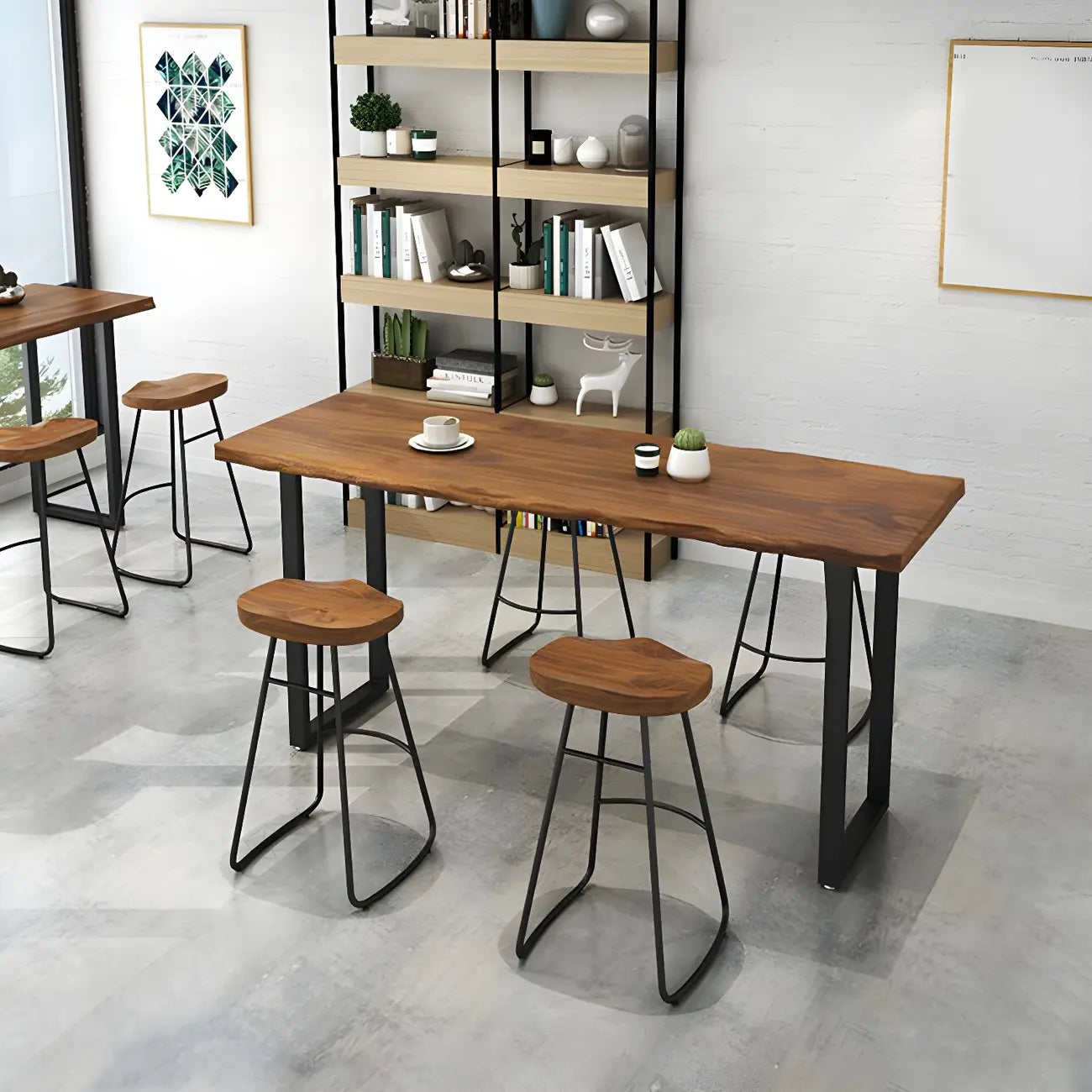 Table de bar rectangulaire en pin avec piètement en métal marron