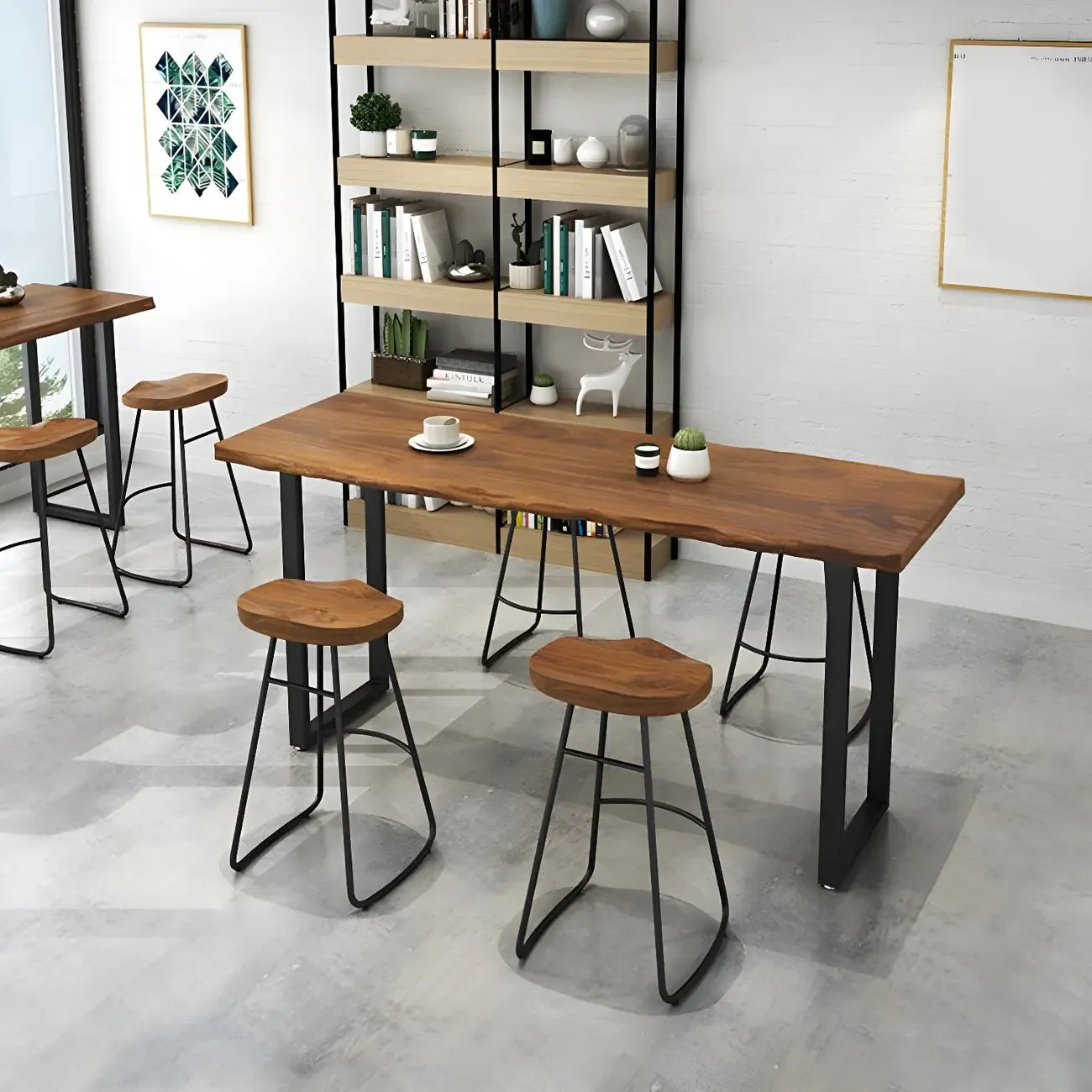 Table de bar rectangulaire en pin avec piètement en métal marron