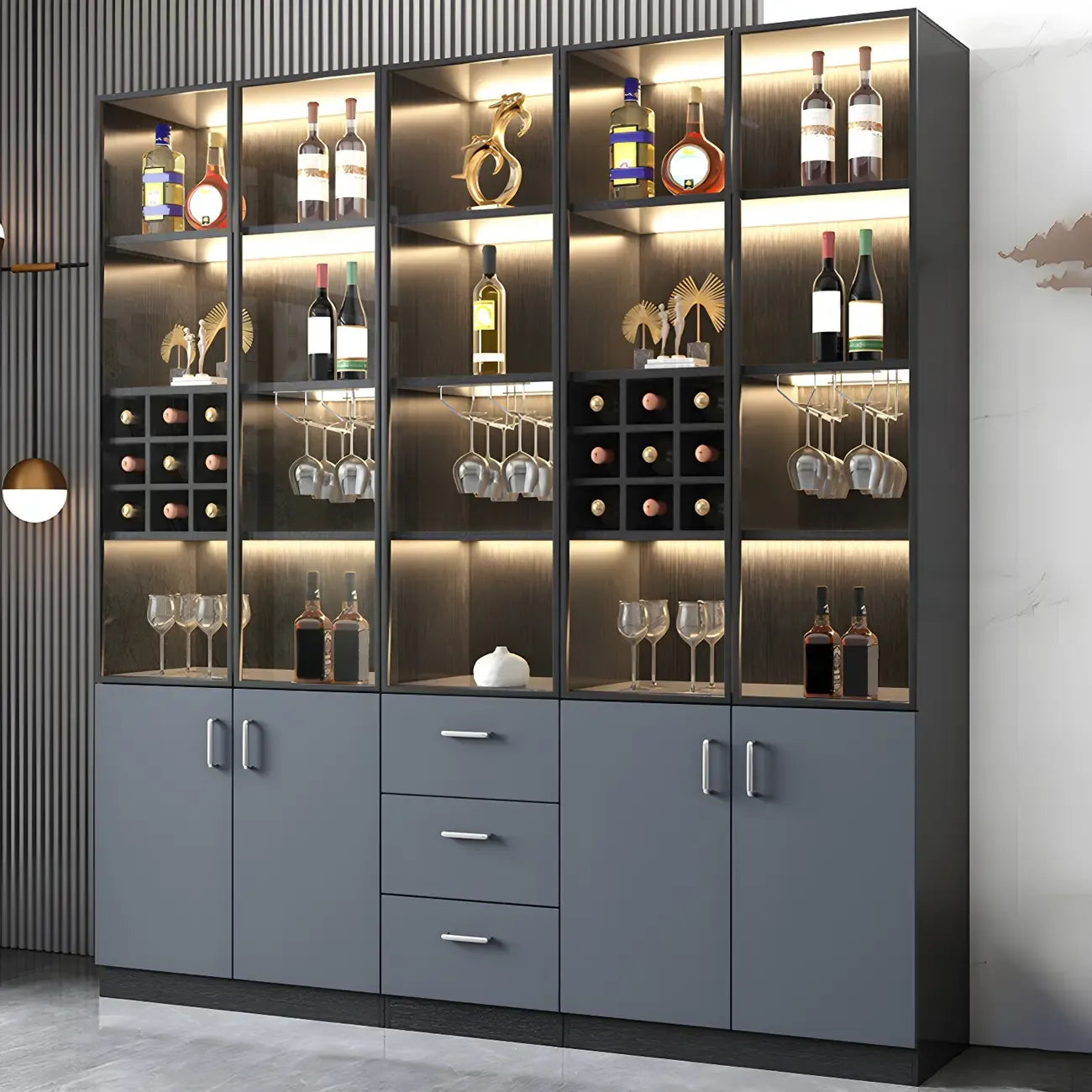 Vitrine de rangement en bois noir-gris avec éclairage