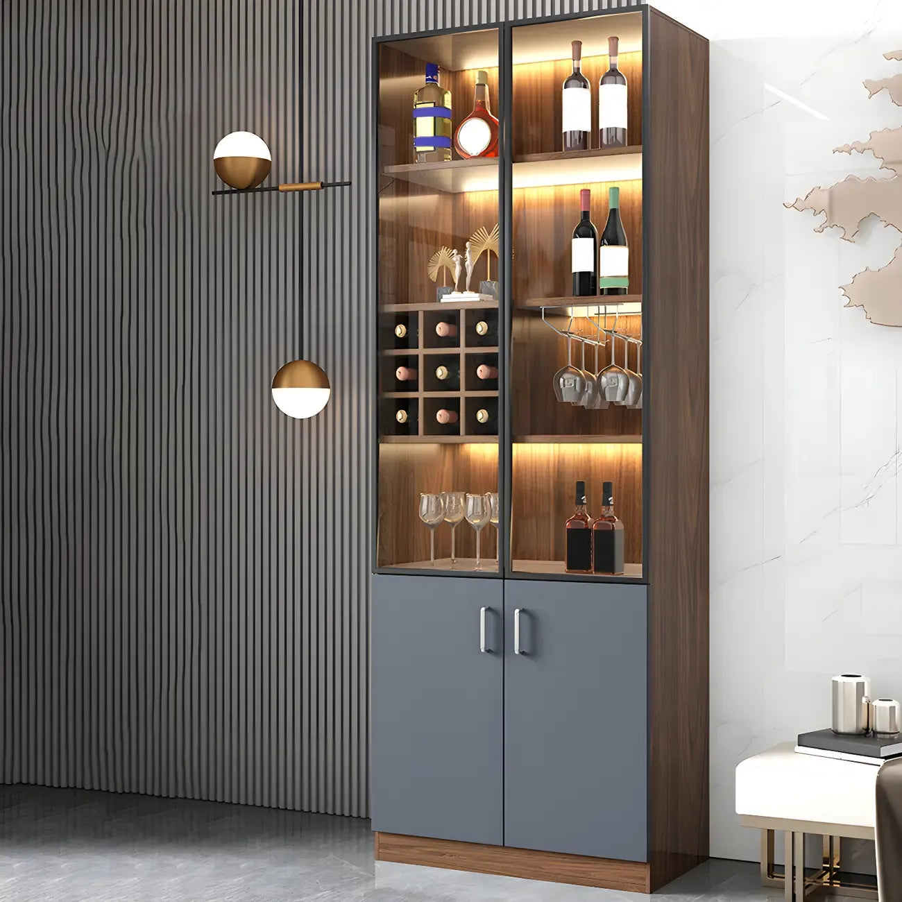 Vitrine de rangement en bois noir-gris avec éclairage