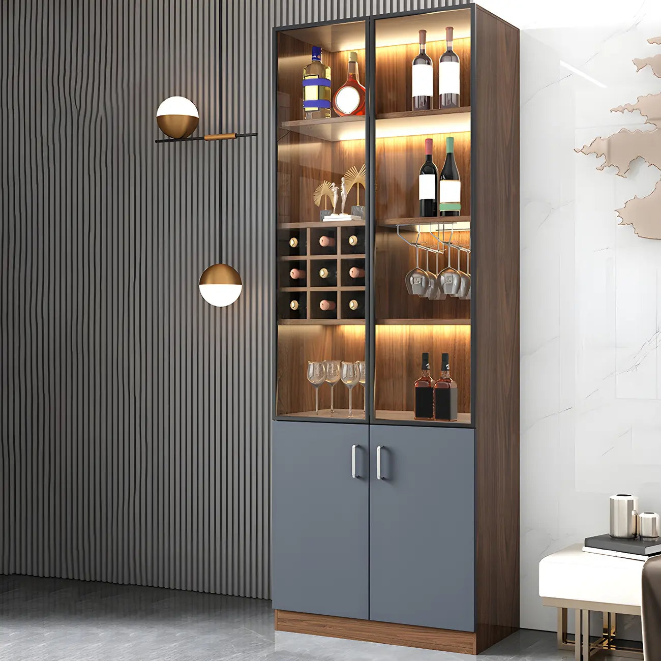 Vitrine de rangement en bois noir-gris avec éclairage