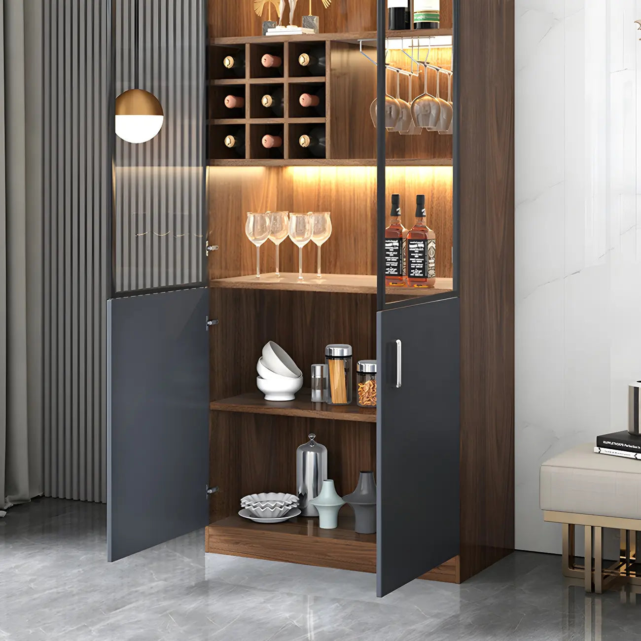 Vitrine de rangement en bois noir-gris avec éclairage