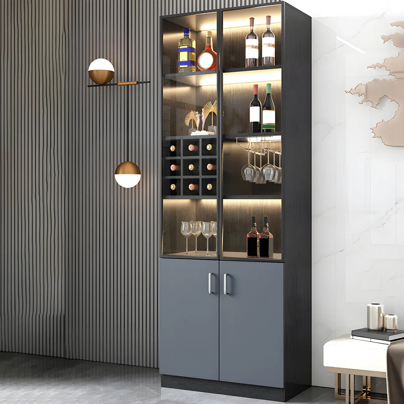 Vitrine de rangement en bois noir-gris avec éclairage