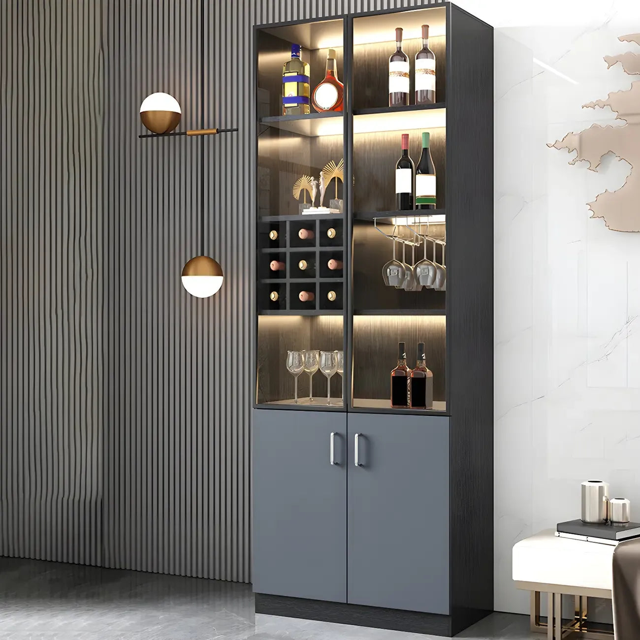 Vitrine de rangement en bois noir-gris avec éclairage