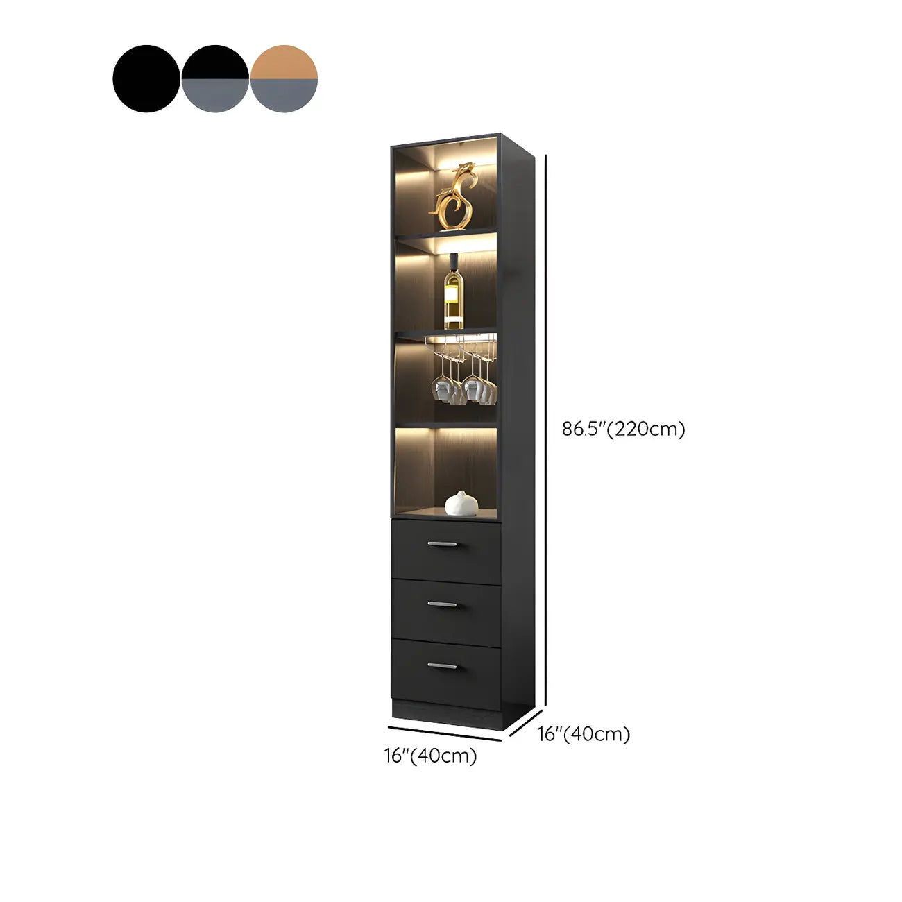 Vitrine de rangement en bois noir-gris avec éclairage