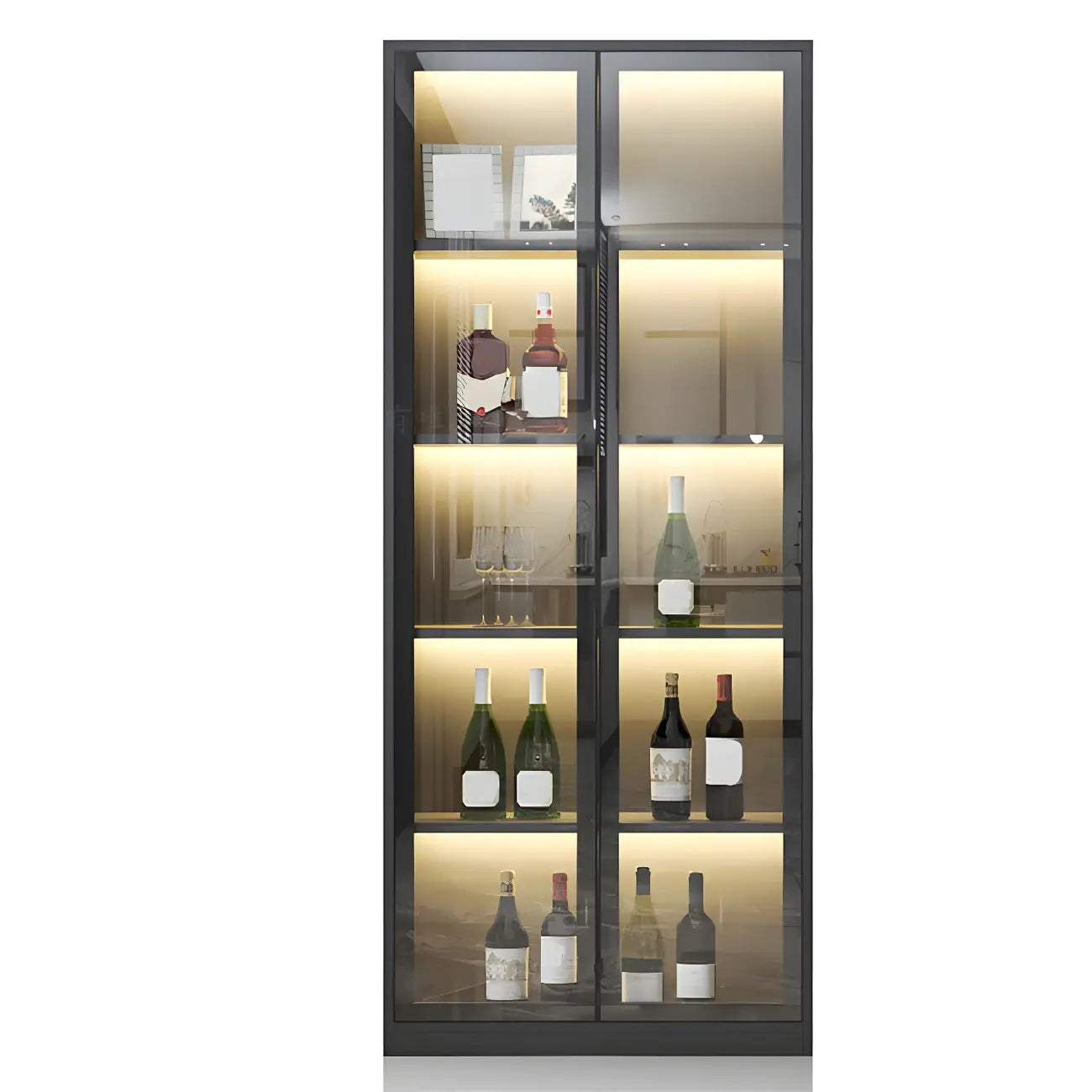 Vitrine en bois noir avec portes vitrées et éclairage intégré