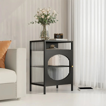 Vitrine de rangement simple en métal blanc et portes vitrées.