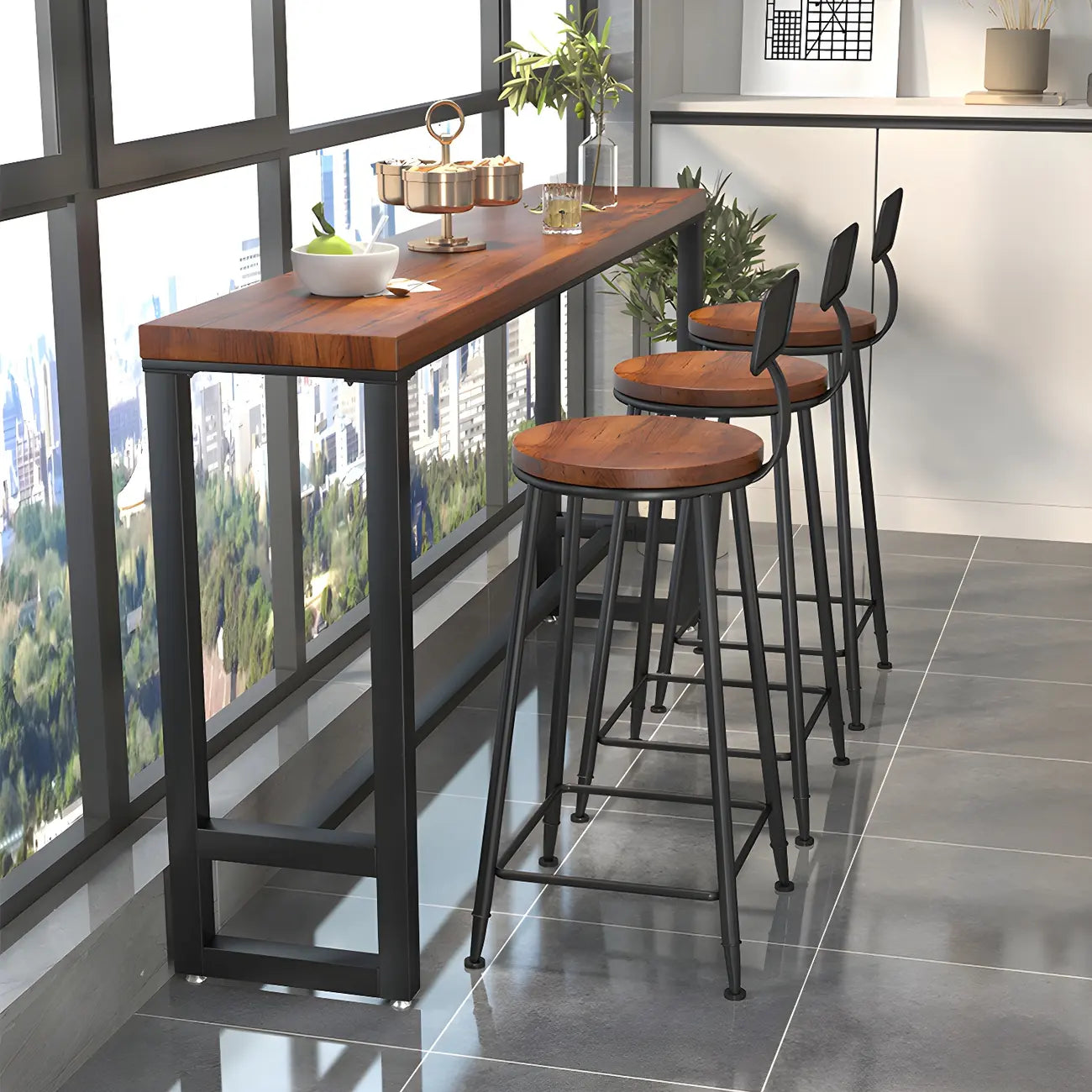 Table de bar rectangulaire en bois marron avec repose-pieds