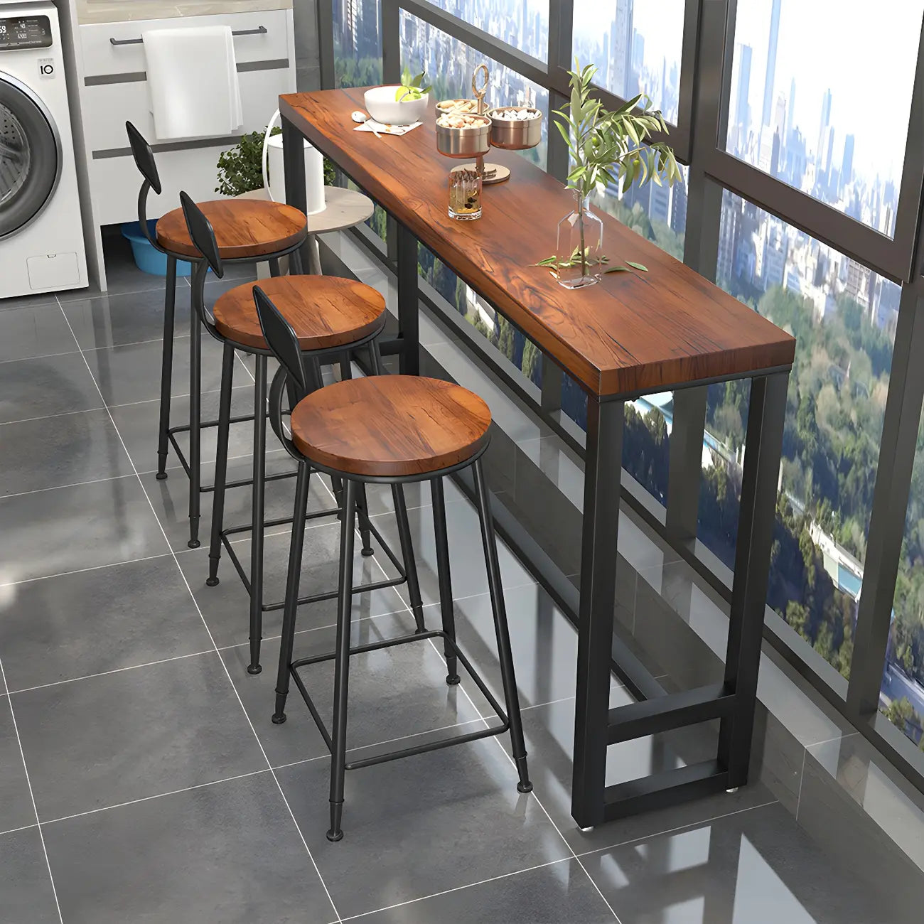 Table de bar rectangulaire en bois marron avec repose-pieds