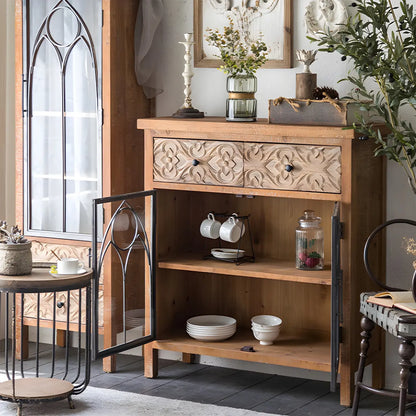 Vitrine classique à deux tiroirs en bois brun moyen et verre