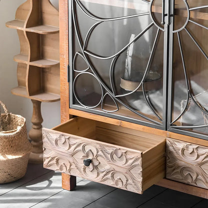 Vitrine classique à deux tiroirs en bois brun moyen et verre