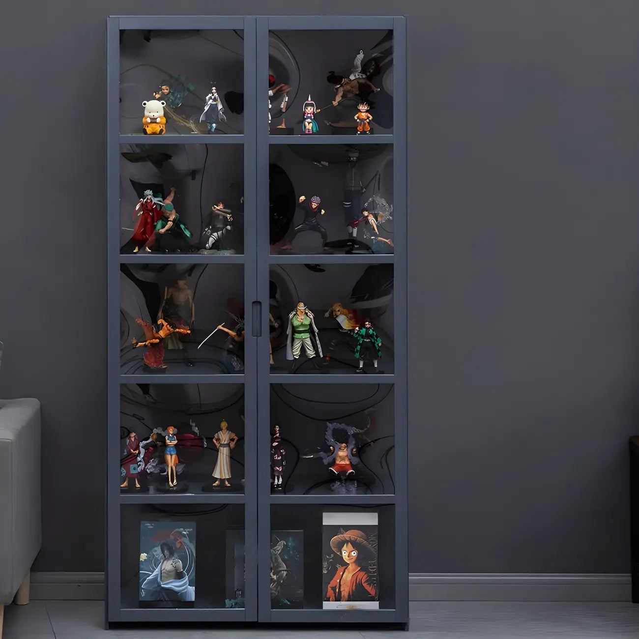 Étagère en bambou gris, vitrine avec porte en acrylique