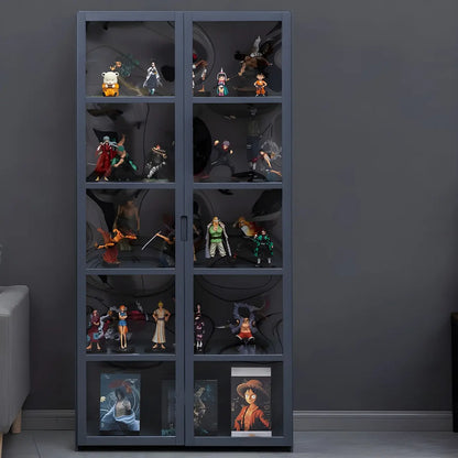 Étagère en bambou gris, vitrine avec porte en acrylique