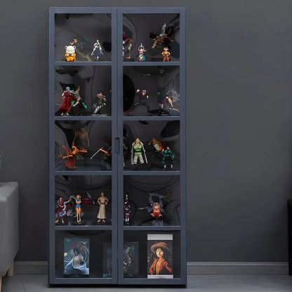 Étagère en bambou gris, vitrine avec porte en acrylique