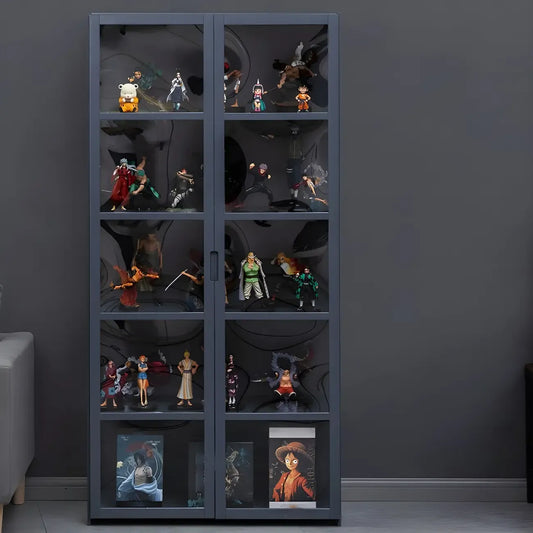 Étagère en bambou gris, vitrine avec porte en acrylique