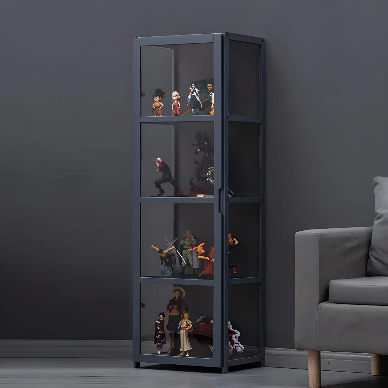 Étagère en bambou gris, vitrine avec porte en acrylique