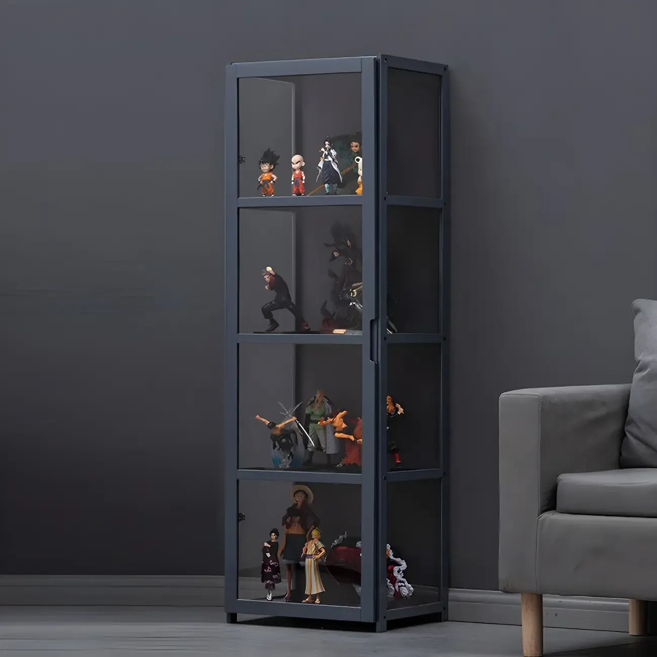 Étagère en bambou gris, vitrine avec porte en acrylique