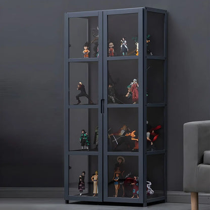 Étagère en bambou gris, vitrine avec porte en acrylique