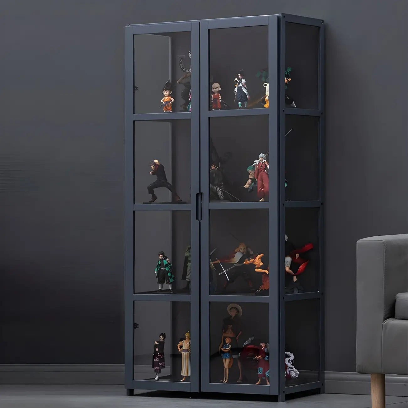 Étagère en bambou gris, vitrine avec porte en acrylique