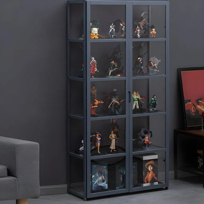 Étagère en bambou gris, vitrine avec porte en acrylique