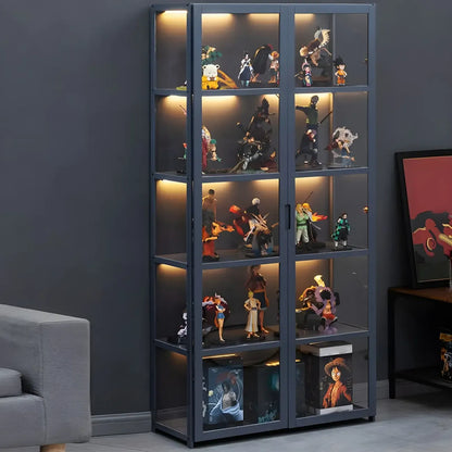 Étagère en bambou gris, vitrine avec porte en acrylique