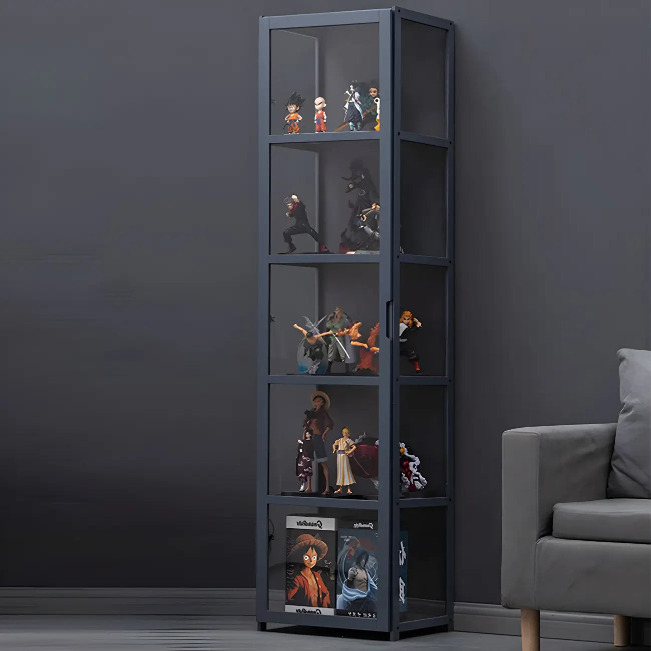 Étagère en bambou gris, vitrine avec porte en acrylique