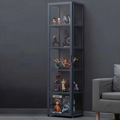 Étagère en bambou gris, vitrine avec porte en acrylique