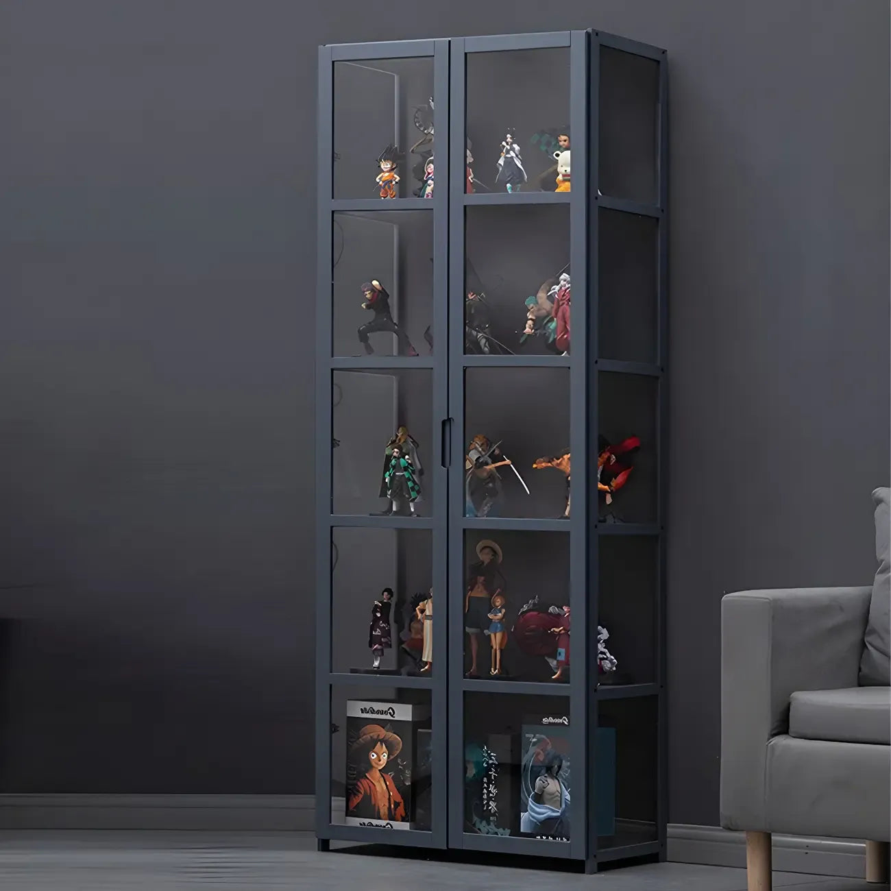 Étagère en bambou gris, vitrine avec porte en acrylique