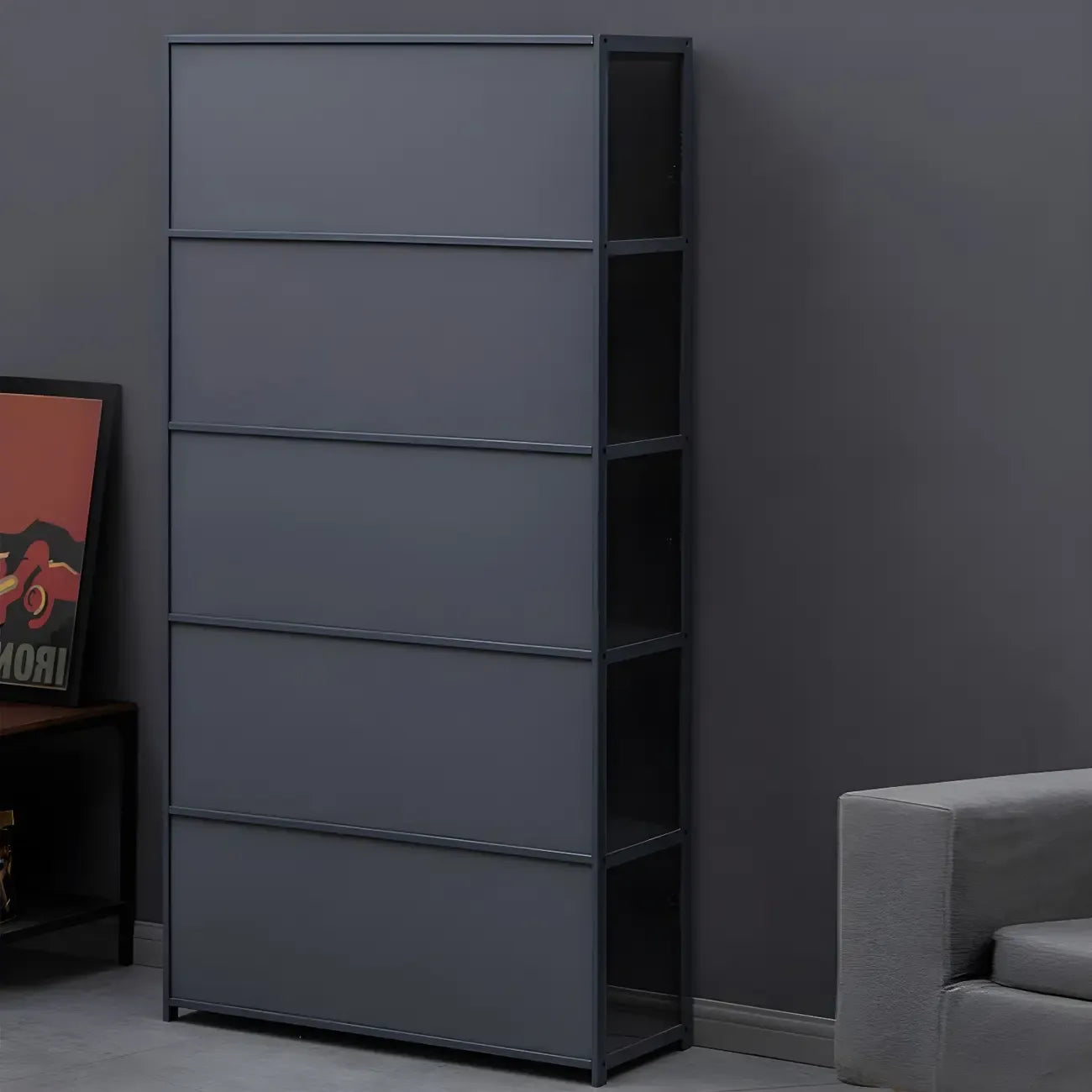 Étagère en bambou gris, vitrine avec porte en acrylique