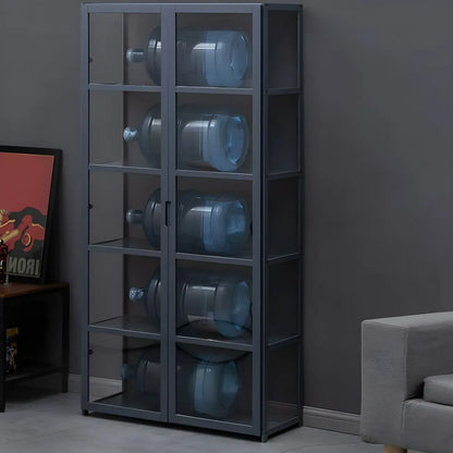 Étagère en bambou gris, vitrine avec porte en acrylique