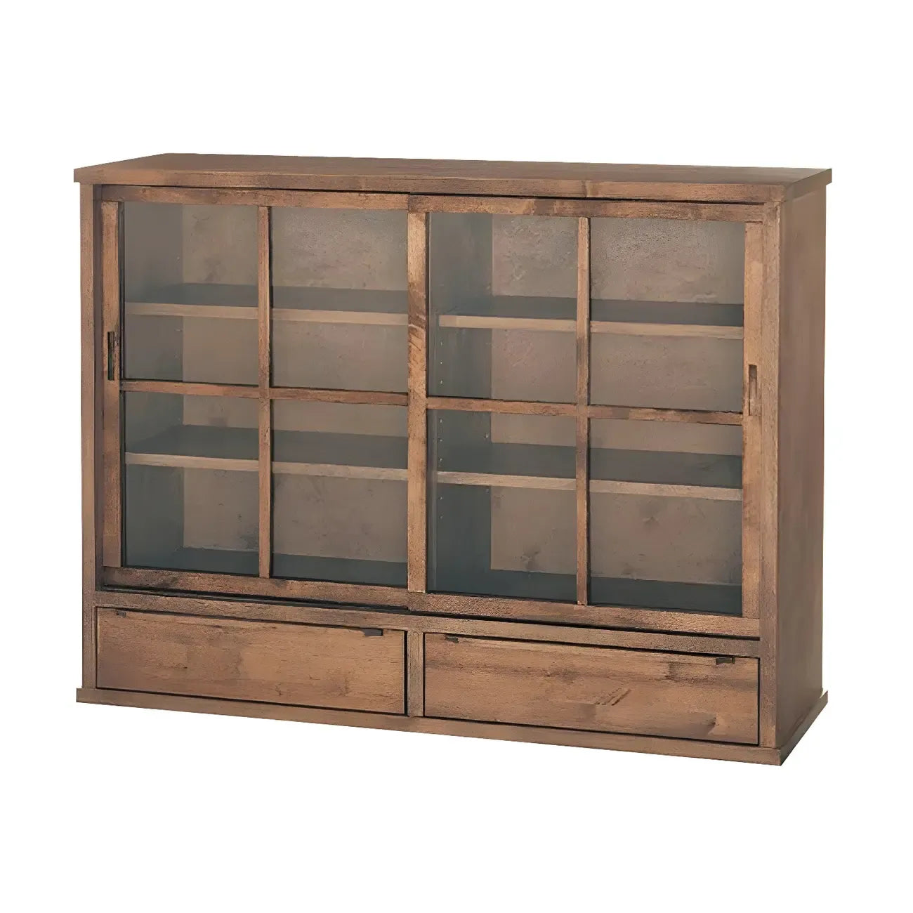 Vitrine en bois brun avec étagères réglables et portes vitrées