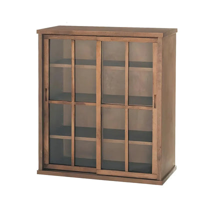 Vitrine en bois brun avec étagères réglables et portes vitrées