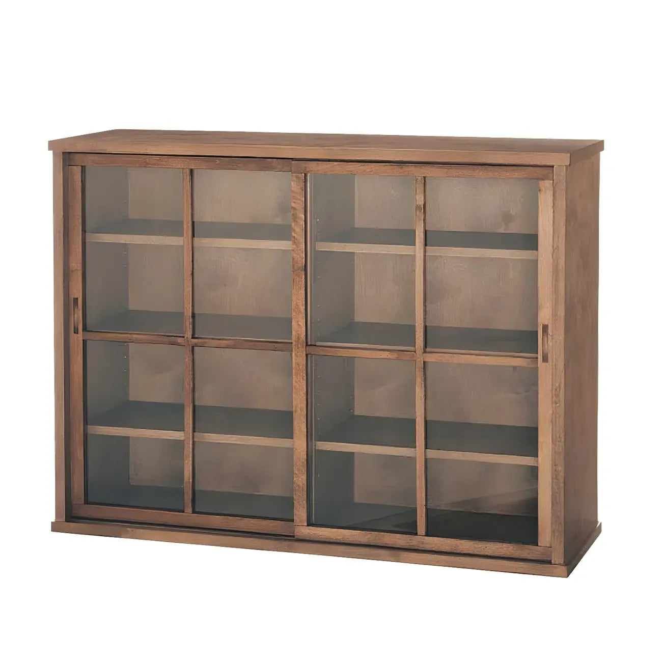 Vitrine en bois brun avec étagères réglables et portes vitrées